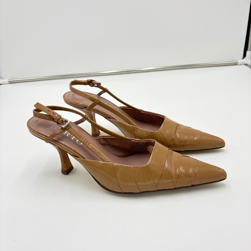 Vintage Franco Sarto Kitten Heel Tan Leather Slingback Pointed Toe Womens Sz 9.5